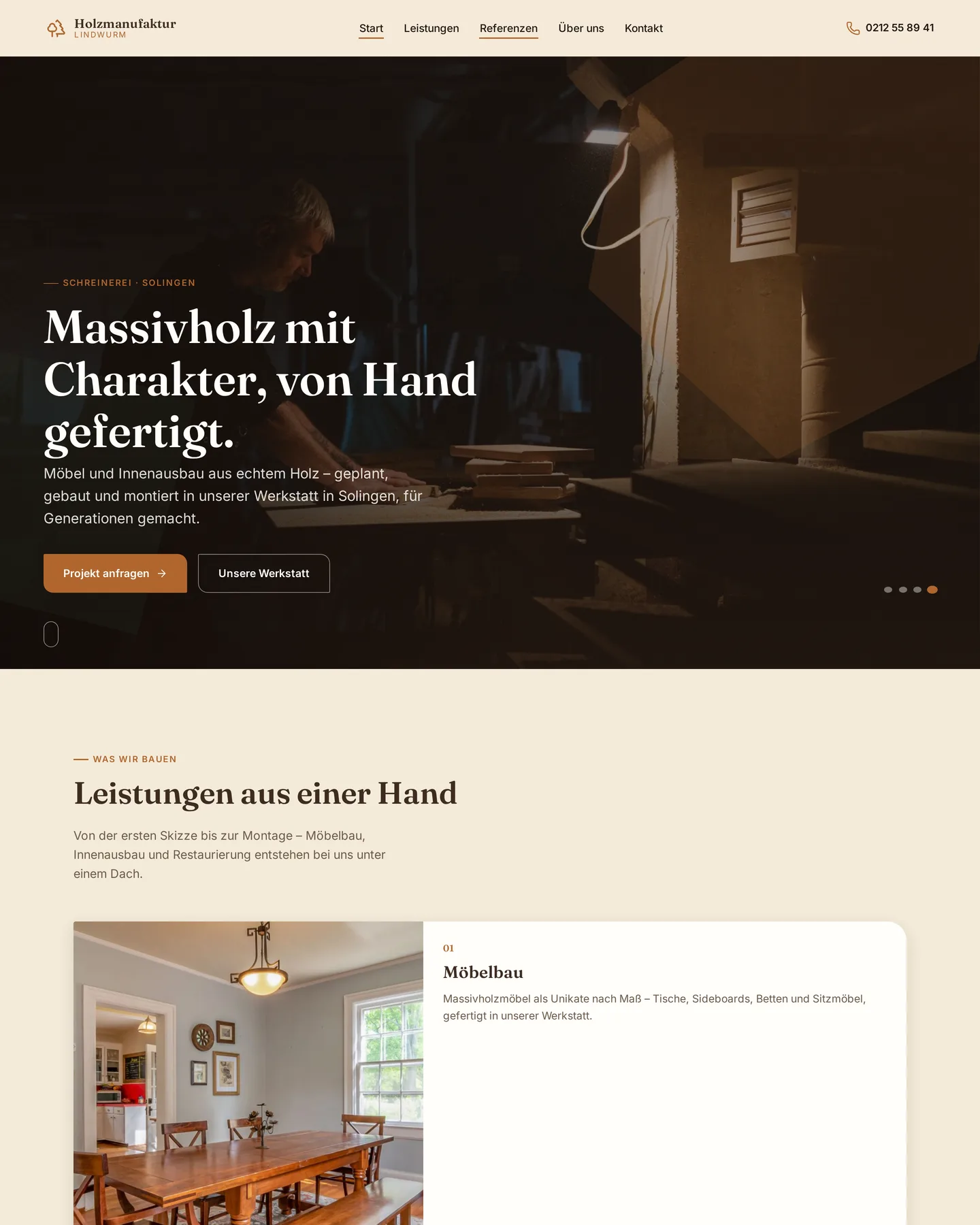 Startseite der Demo-Website Holzmanufaktur Lindwurm – Schreinerei & Innenausbau in Solingen